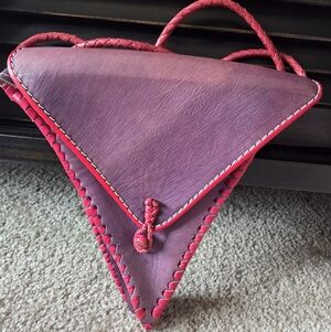 HANDMADE Triangle Leather Whipstitch Crossbody Bag Purple Red